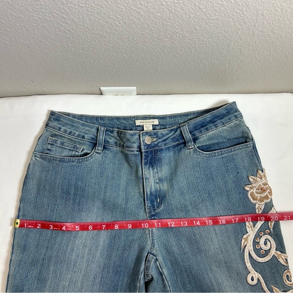 Boston Proper Stretch Blue Wash Mid Rise Flare Bead Embroidery Floral Jeans 12 - Picture 11 of 16
